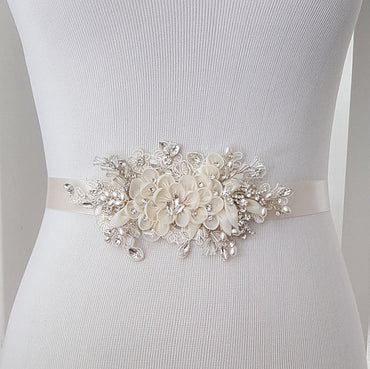 Ivory Floral Bridal Belt,Wedding Belt,Crystal Rhinestones Girl Sash,Lace Appliques Sashes, SA0028