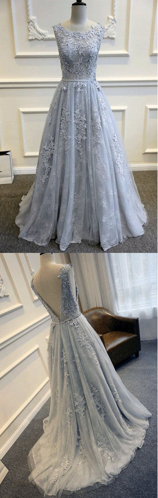 Long Custom Gray V-Back Scoop Tulle With Lace Appliques Party Prom Dresses,PD0083