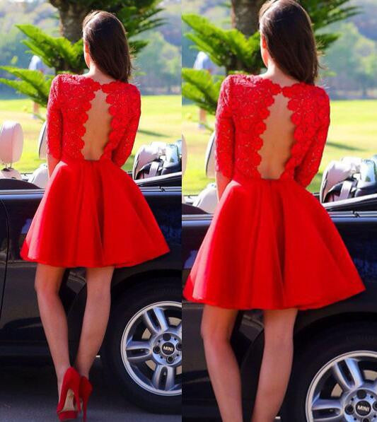 Red Sexy Long sleeve open back lace homecoming dresses, CM0002