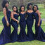 Simple Navy Sweetheart  Neckline  Spaghetti Strap Mermaid  Bridesmaid Dresses. AB1200