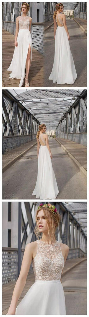 Beautiful White Side Split  Cheap Simple Beach Wedding Dresses, WD0190