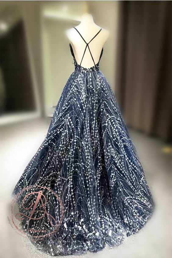 Charming Fashion Navy Spaghetti Strap V-neck Criss-Cross Backless Prom Gown Dresses,PD00056