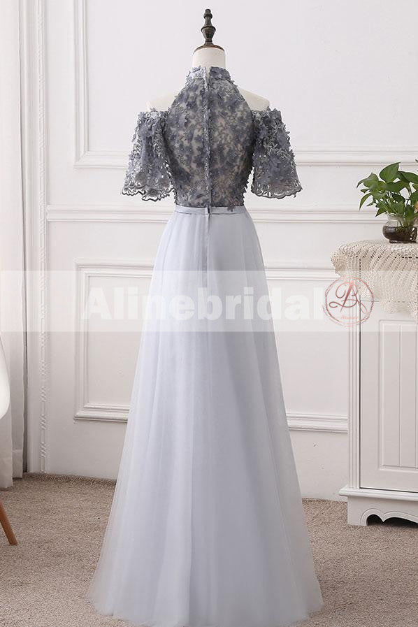 Elegant Halter Short Sleeve Grey Handmade Flower Top A-line  Prom Dresses,PD00073