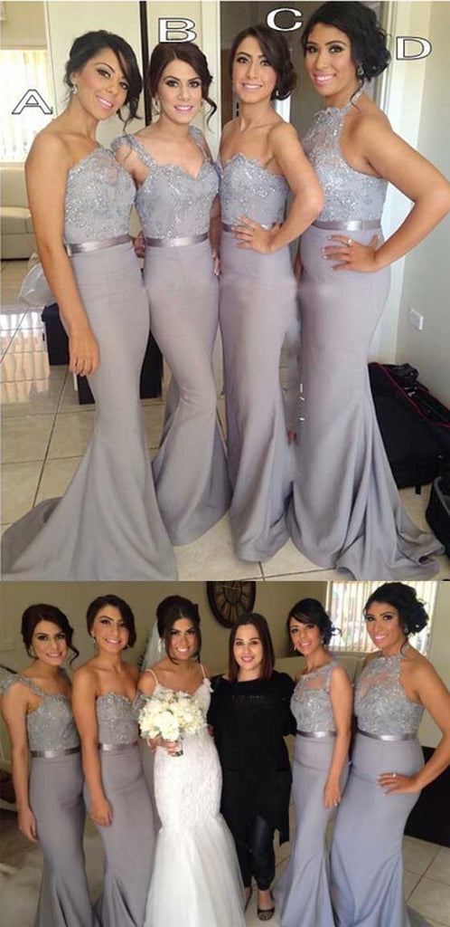 Popular Four Differnt Styles Mismatched Lace Grey Sexy Mermaid Long Bridesmaid Dresses, WG62