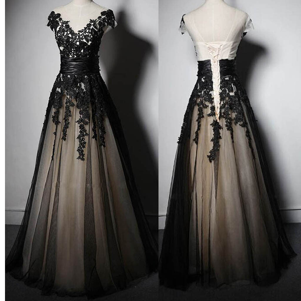 New Fashion Cap Sleeve With Black Lace Elegant Formal Party Prom Dresses. PD00260