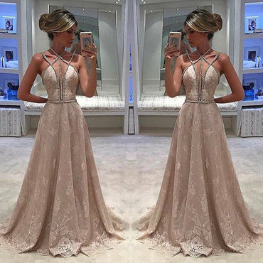 Unique Charming Sexy Beading Spaghetti Strap Halter Full Lace Evening Party Prom Gown Dresses,PD00013