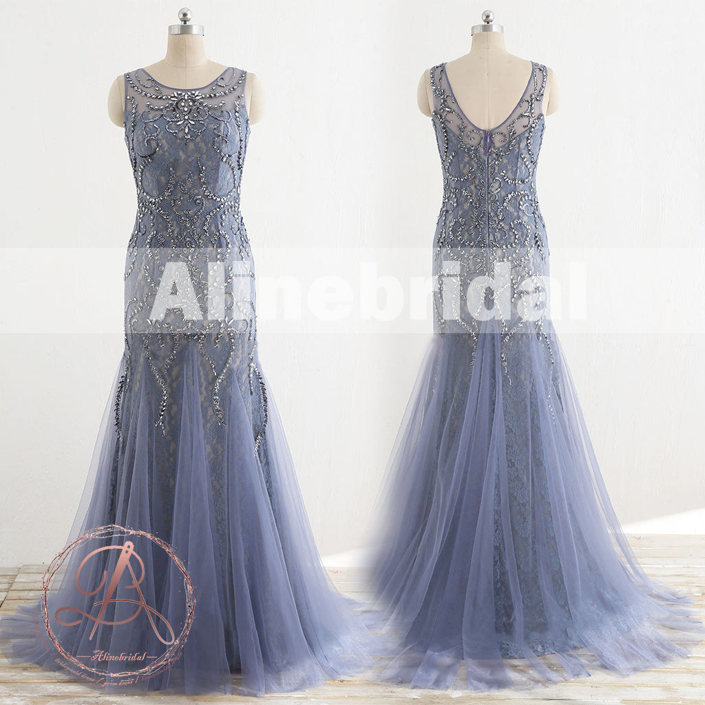 Stunning Lavender Tulle Beaded Lace Scoop Neck Sleeveless  Mermaid Prom Dresses,PD00064