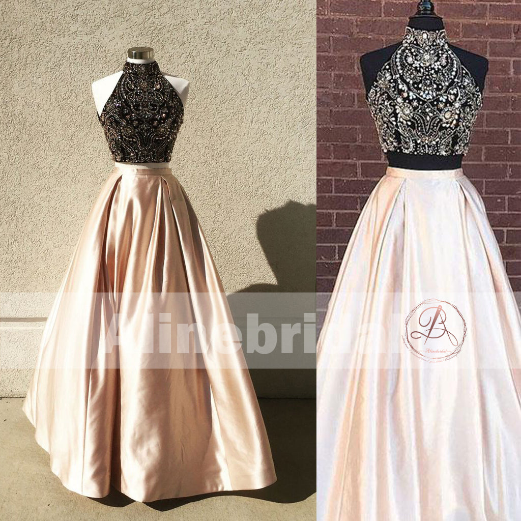 Gorgeous Two Piece Beaded Top High Neck Sleeveless Ball Gown Prom Dresses,PD00072