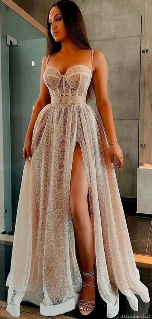 A-line Charming Spaghetti Straps Sequin Side Slit Modest Prom Dresses PD1984