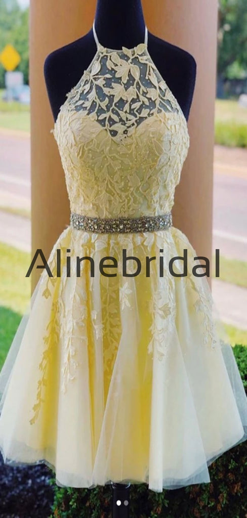 A-line Yellow Lace Popular Pretty Homecoming Dresses HD106