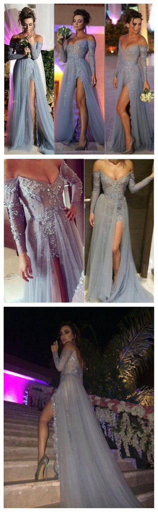 Popular Gray Off Shoulder Lace Side Slit Sexy Elegant Prom Dress. PD0021