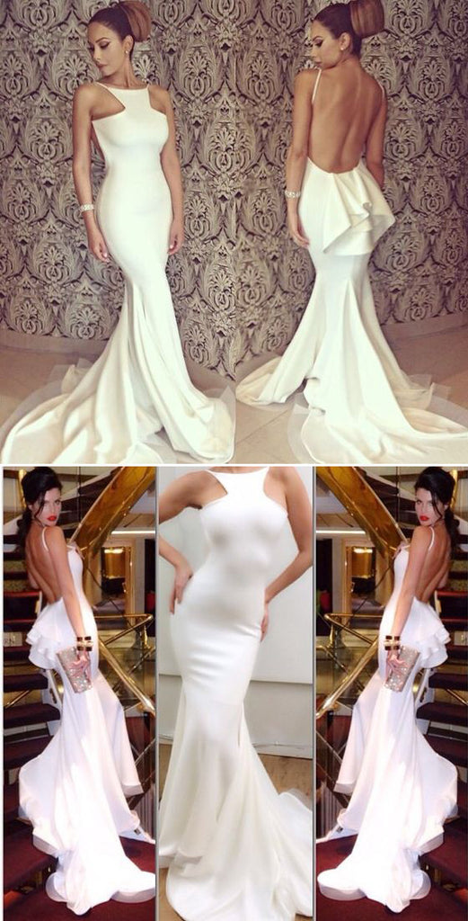 Long White Sexy Backless Mermaid Elegant Formal Party Evening Party Prom Dresses Online,PD0129