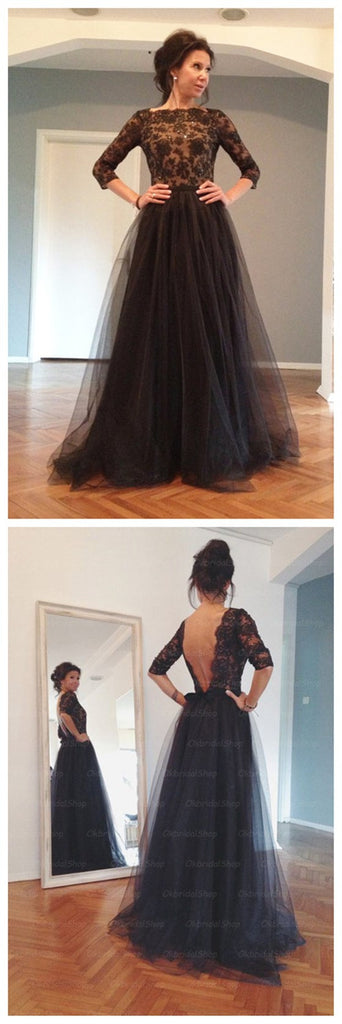 Long Sleeve Black Lace Backless Ball Gown Evening Party Prom Dress, PD0015