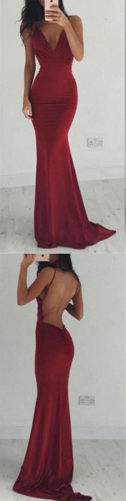 Burgundy Backless V-neck Sexy Mermaid Spaghetti Straps Cocktail Affordable Prom Dress PD0161