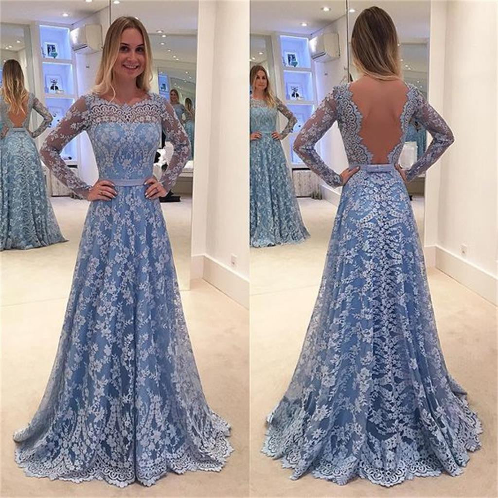 Long Sleeve  Blue Lace A-line Open Back Cocktail Evening Party Prom Dresses Online,PD0182