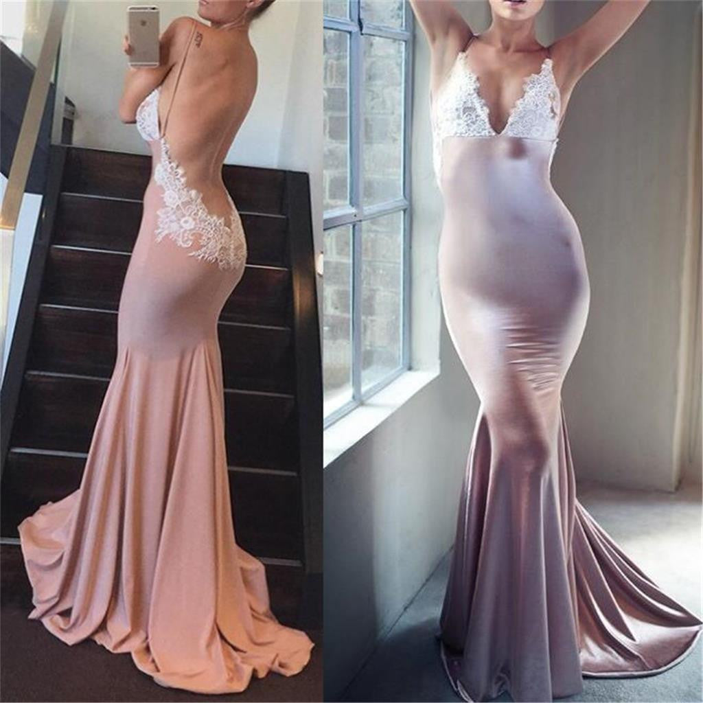 Long Mermaid Spaghetti Straps Backless V-neck Sexy Evening Party Prom Dresses Online,PD0195