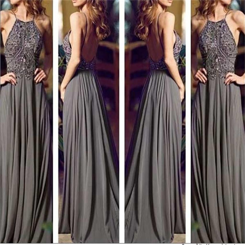 Popular Gray Chiffon Cheap Backless Sexy Evening Prom Dresses,PD0032