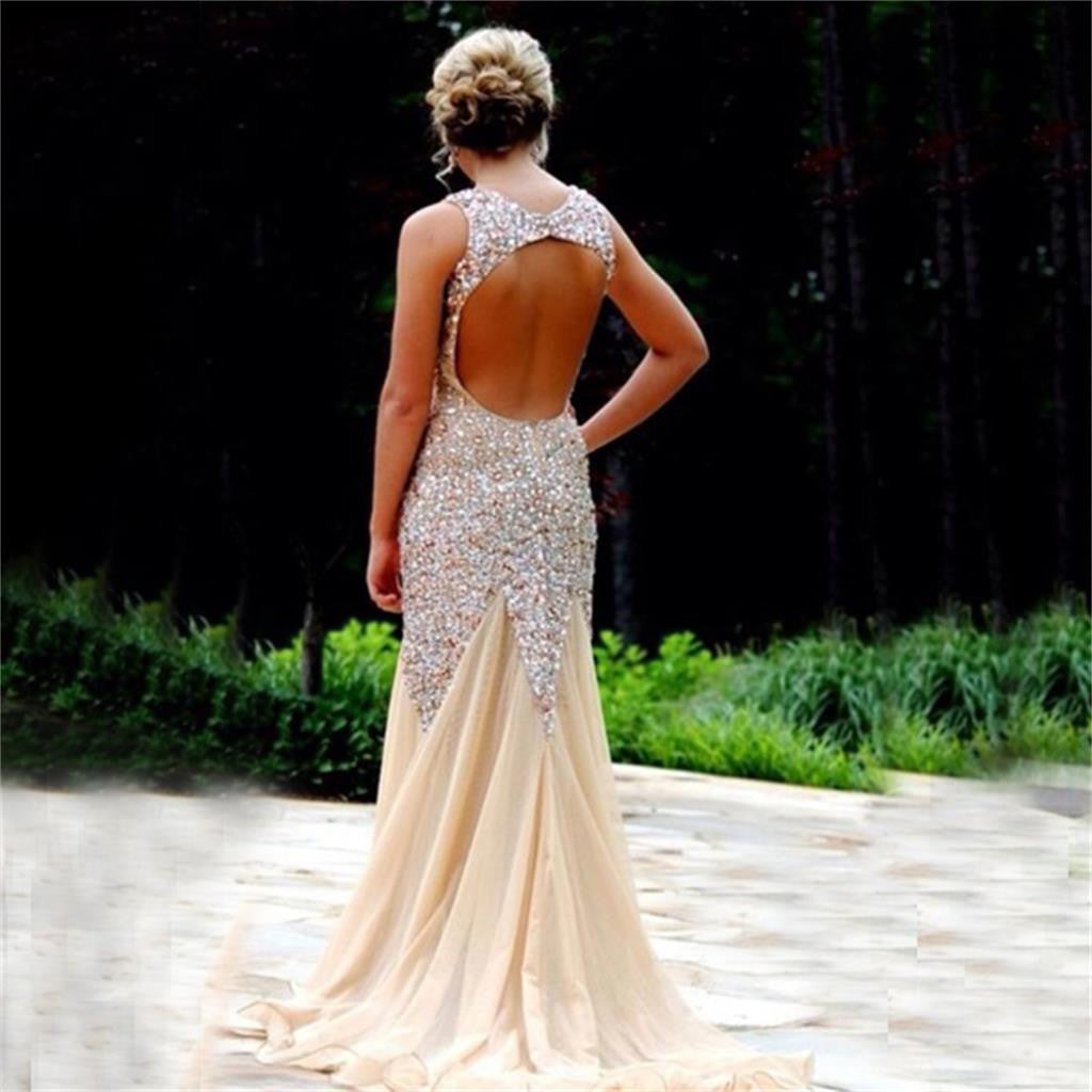 Long Custom Sparkle Open Back Rhinestone Mermaid Sexy  Prom Dresses,PD0037