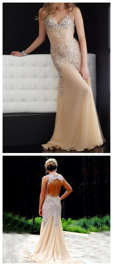 Long Custom Sparkle Open Back Rhinestone Mermaid Sexy  Prom Dresses,PD0037