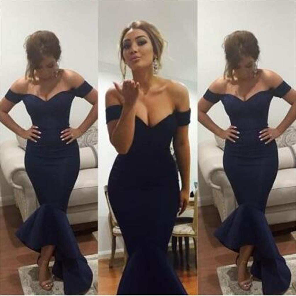 Long Navy Blue Mermaid Off Shoulder Formal Evening Party Formal Prom Dress,PD0078