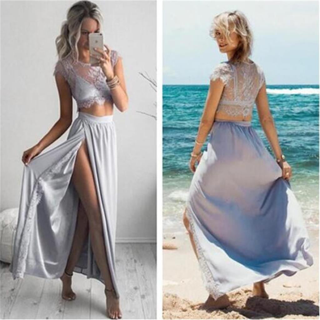 Newest Two Pieces Cap Sleeve Side Slit Beach Party Prom Dress.PD0089