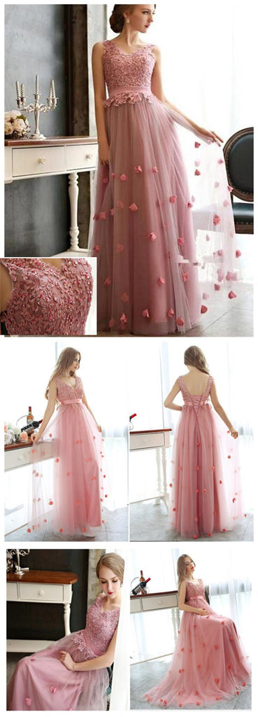 Long Pink Charming Tulle Lace Up Newest High Waist Prom Dresses ,PD0090