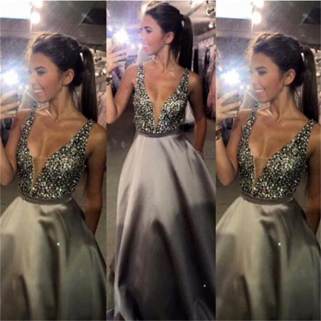 Custom Charming V-neck Sexy Popular A-line Sparkly Ball Gown Long Prom Dresses,PD0095