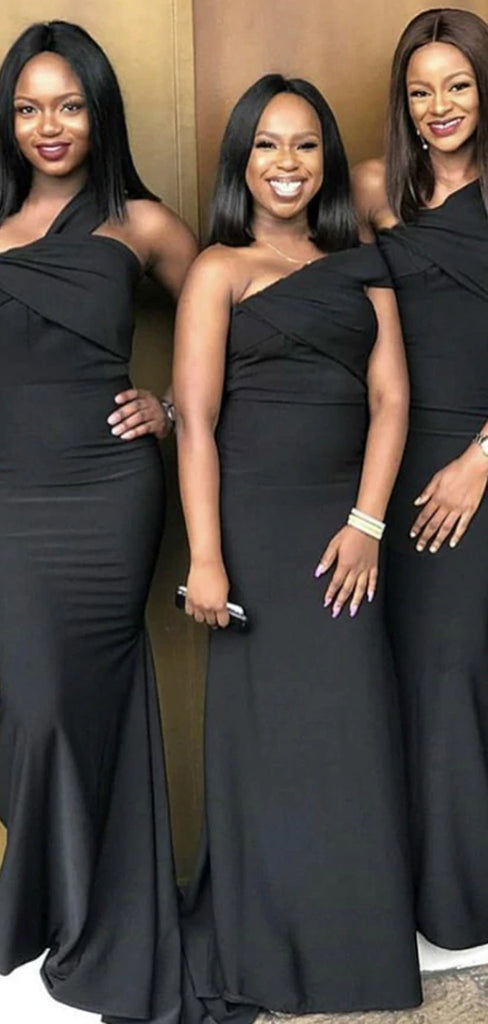 Black Mermaid One Shoulder Long Bridesmaid Dresses AB4248