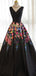 Black Satin Floral Prints Sleeveless Lace Up Back Prom Dresses,PD00295