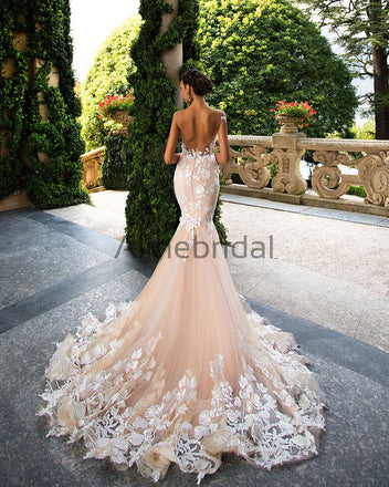 Blush Pink Lace Applique Backless Mermaid Wedding Dresses, AB1501