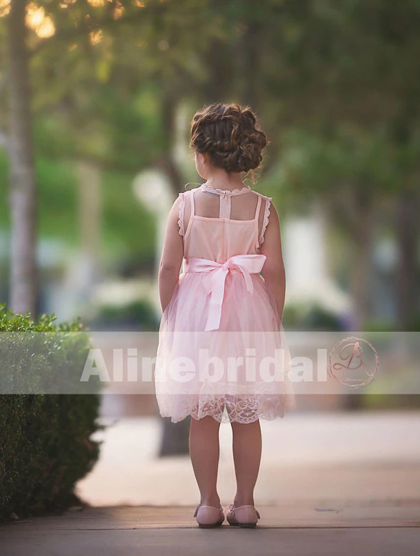 Blush Pink Lace Tulle Flower Girl Dresses With Rhinestone , FGS068
