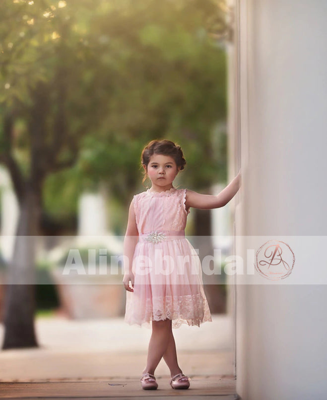 Blush Pink Lace Tulle Flower Girl Dresses With Rhinestone , FGS068