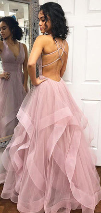 Blush Pink Ruffles Ball Gown Criss-cross Backless Prom Dresses,PD0304