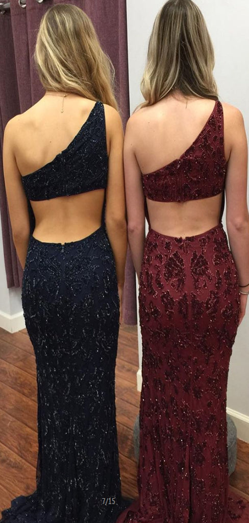 Charming One Shoulder Mermaid Navy Burgundy Prom Dresses PD1026