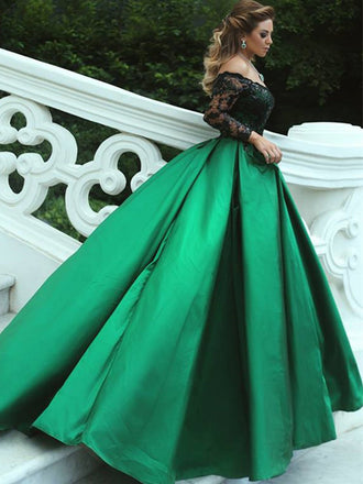 Charming Emerald Off the Shoulder Lace Appliques Satin Ball Gown Prom Gown Dresses, PD00047