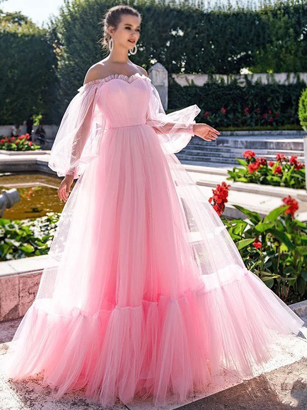 Cute Sweetheart Off-shoulder Tulle A-line Long Prom Dress, PD3067