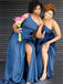 Dark Blue One Shoulder Silt Simple Bridesmaid Dresses, AB4039
