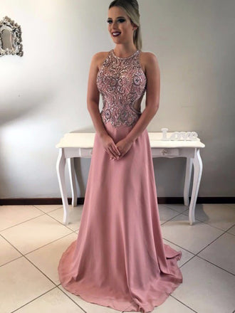Dusty Rose Beading Rhinestone Open Back Prom Dresses,PD00211