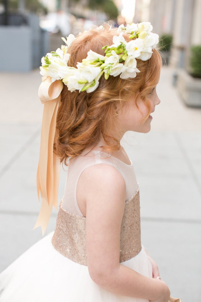 Gold Sequin Ivory Ruffles Tulle Cute Flower Girl Dresses, FGS112
