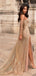 Gold Sequined Lace Off Shoulder Long Sleeve Sheath Prom Dresses, PD00352