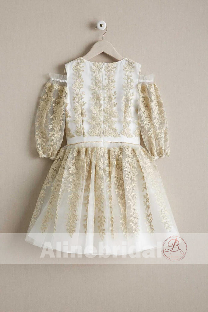 Gorgeous Gold Lace Organza Half Sleeve Cute Flower Girl Dresses, FGS087