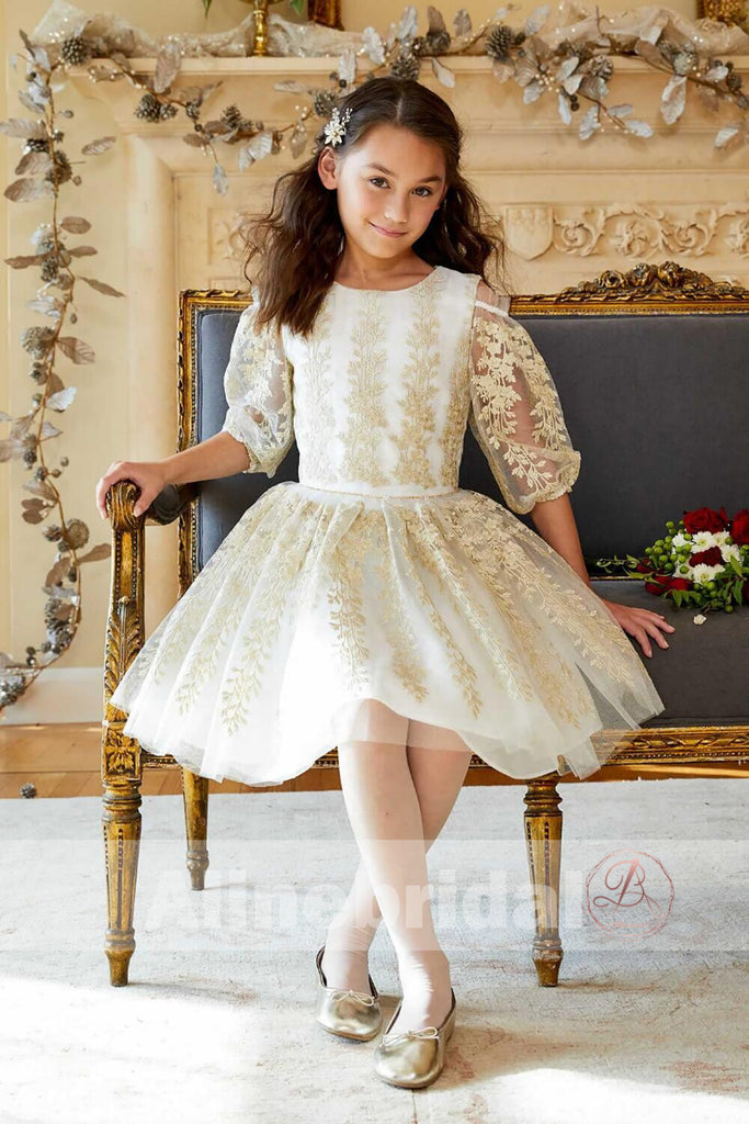 Gorgeous Gold Lace Organza Half Sleeve Cute Flower Girl Dresses, FGS087