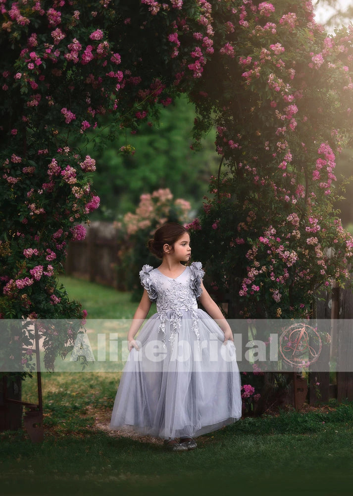 Grey Appliques Tulle Pretty Sleeveless Long Flower Girl Dresses , FGS071
