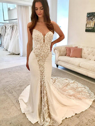 Ivory Satin Gorgeous Lace Spaghetti Strap With Nude Lining Vintage Wedding Dresses, AB1558