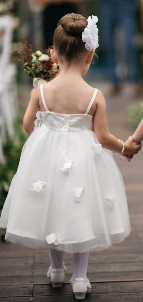 Ivory Tulle Handmade Flowers Applique Spaghetti Strap Flower Girl Dresses, FGS140
