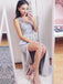 Light Grey Lace Satin Sleeveless V-neck High Side Splits Long Prom Dresses ,PD0136