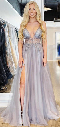 Light Lilac Tulle Beading Illusion V-neck Sexy Prom Dresses,PD00366