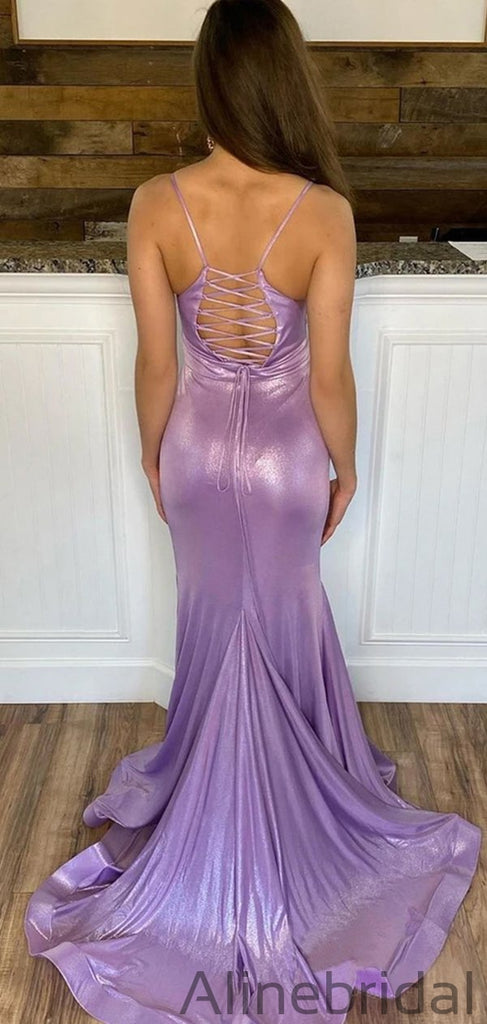 Lilac Sparkly Pleated Plunging Neck Bodycon Mermaid Long Prom Dress PD1045