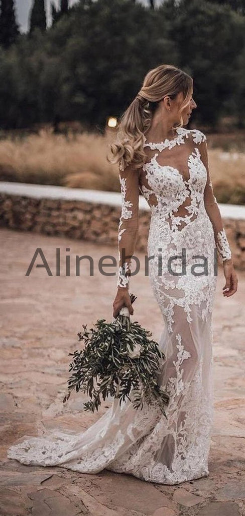 Long Sleeves Lace Mermaid Beach Country Wedding Dresses WD0576