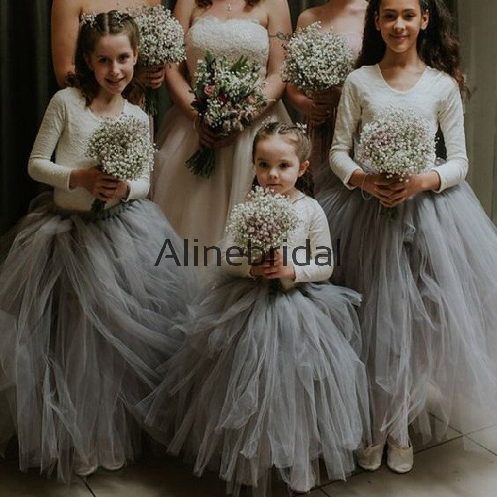 Lovely Tulle Cute Gray Long Sleeves Flower Girl Dresses FGS146